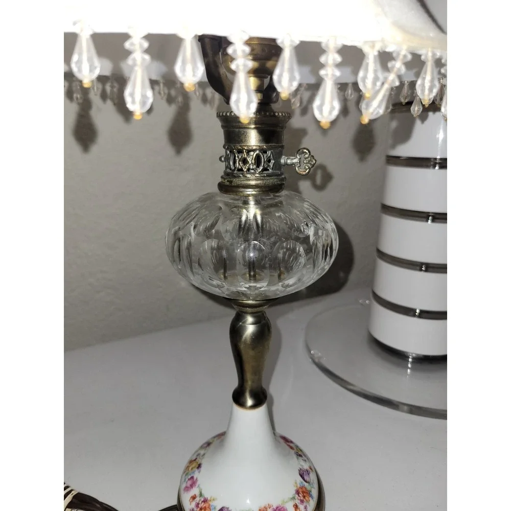 Antique Crystal‎ English Oil Lamp Porcelain Boudoir Vanity Nightstand Pair